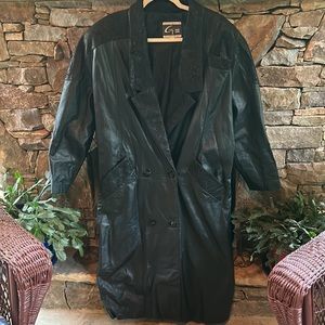 💯 Black Leather Vintage Double Breasted Large Coat;Mid Calf Length; Fully Lined